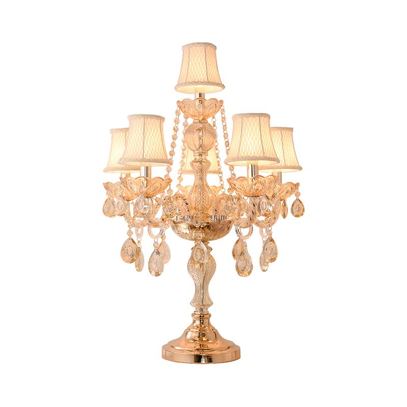 5/6 Heads Candelabra Table Light Traditional Gold Crystal Droplets Nightstand Lamp with/without White Bell Fabric Shade