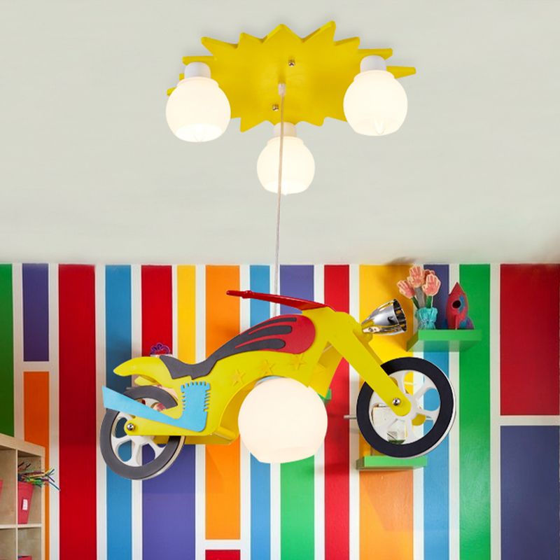 Kids 4 Lights Cluster Pendant Lamp Yellow Motorbike Ceiling Hang Fixture with White Glass Shade