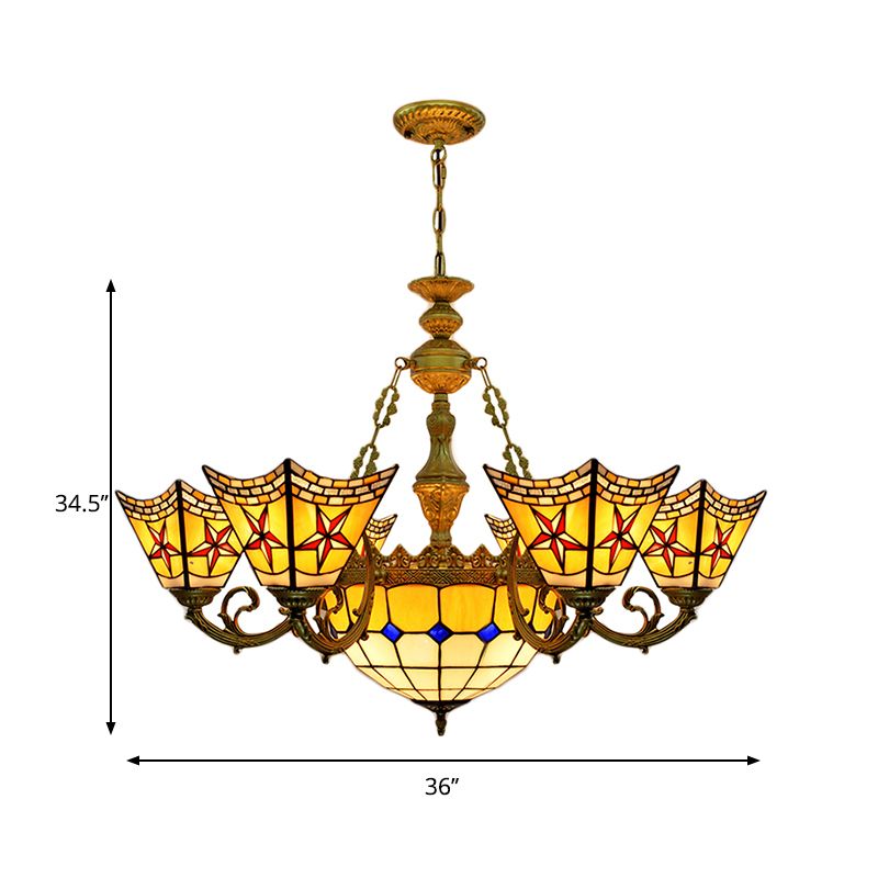 Tiffany Antique Craftsman Chandelier Stained Glass Yellow Pendant Light with Centre Bowl for Hotel