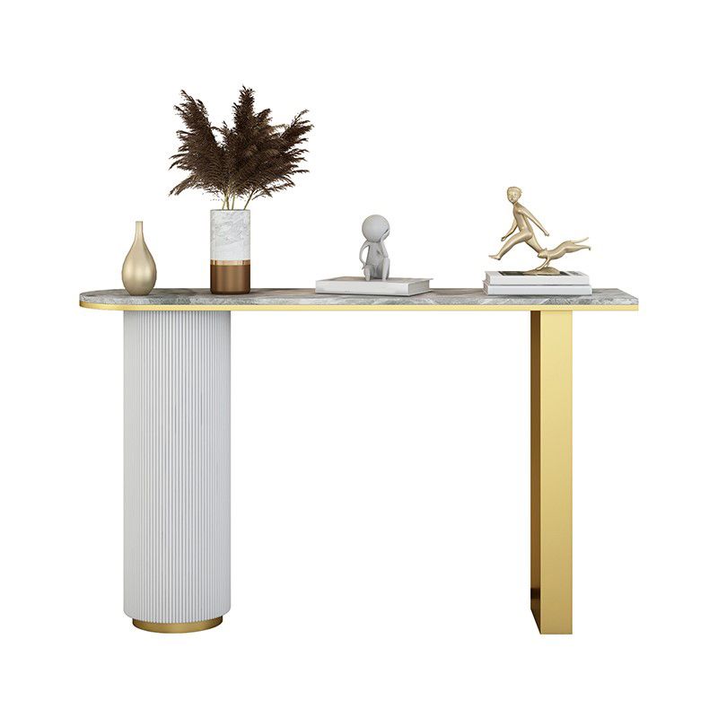 Half Moon Stone Top Accent Table with White and Golden Iron Base