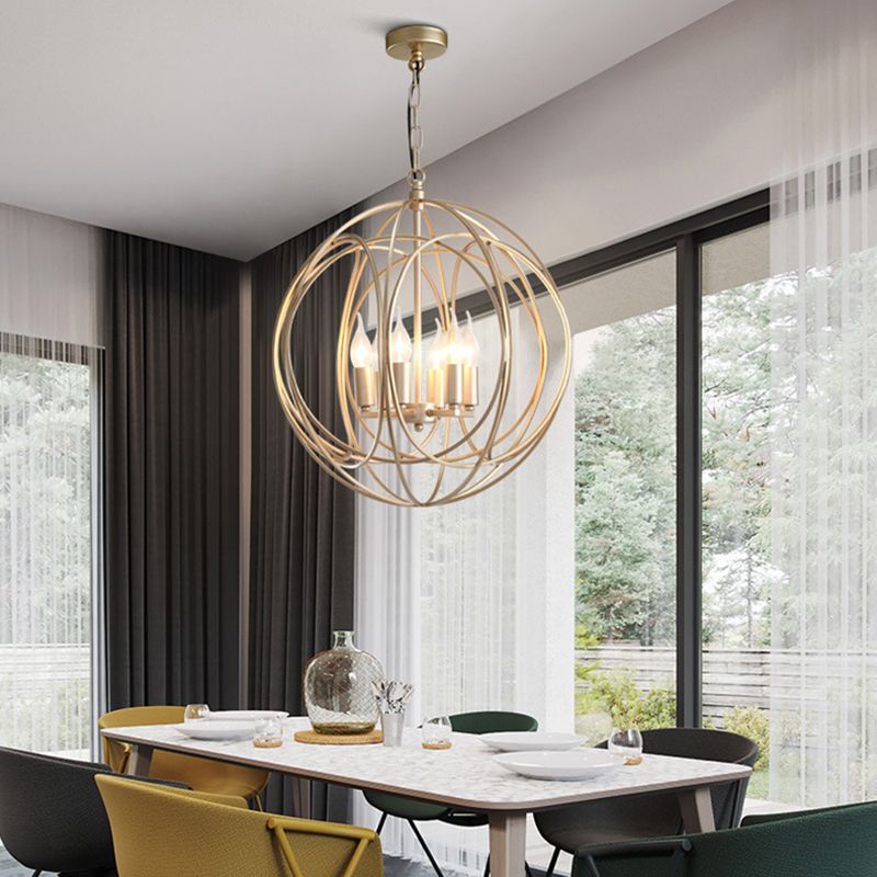 Postmoderne Metallhängung Kronleuchter hellgold kugelhaltiger Käfig Schatten Deckenleuchter für Esszimmer