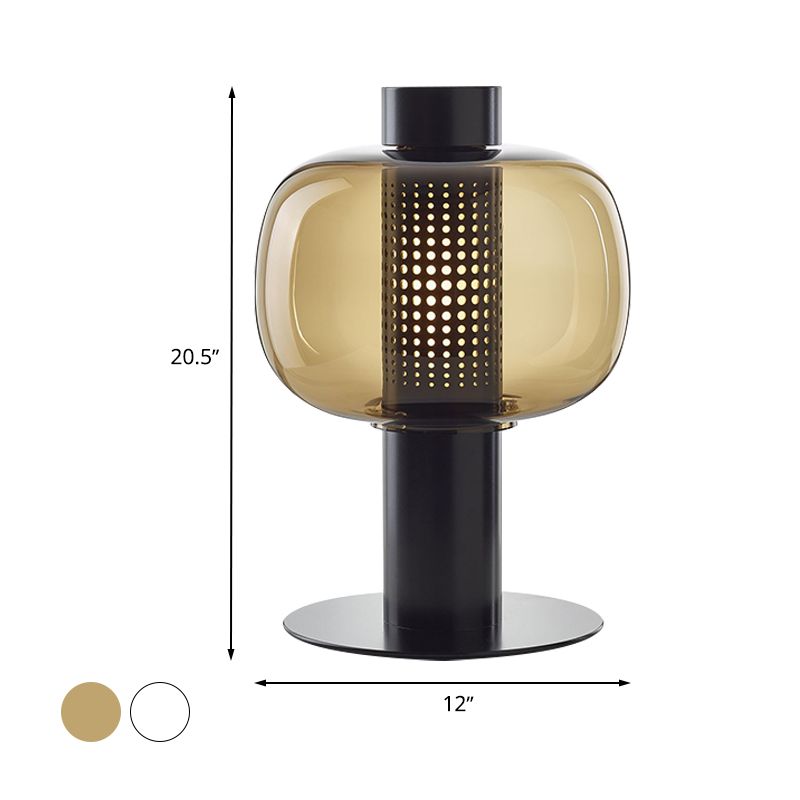 Black/Brown Hollow Tube Table Lamp Modern LED Metallic Desk Light with Fish Tank Clear/Cognac Glass Shade