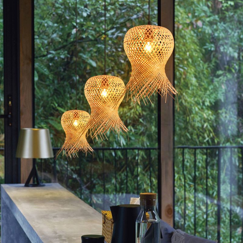 Unique Shade Hanging Lighting Modern Style Bamboo Multi Lights Hanging Lamp