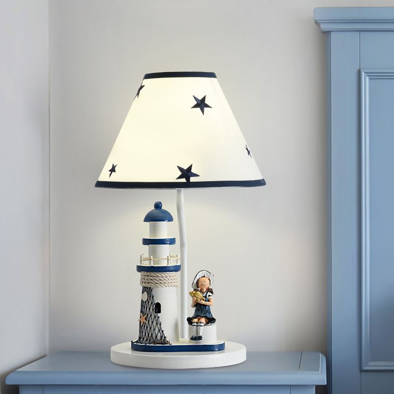 Boy/Girl and Lighthouse Table Light Cartoon Resin 1 Light White/Blue Night Stand Lamp with Tapered Shade