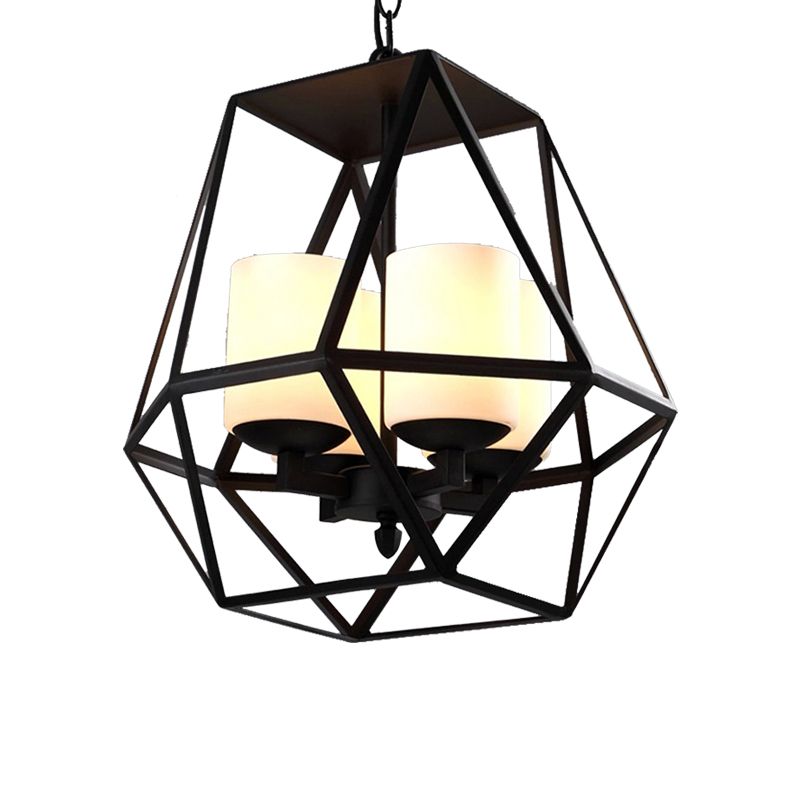 Geometric Dining Room Pendant Chandelier Industrial Opal Glass 3/4 Light Black Hanging Fixture with Cage