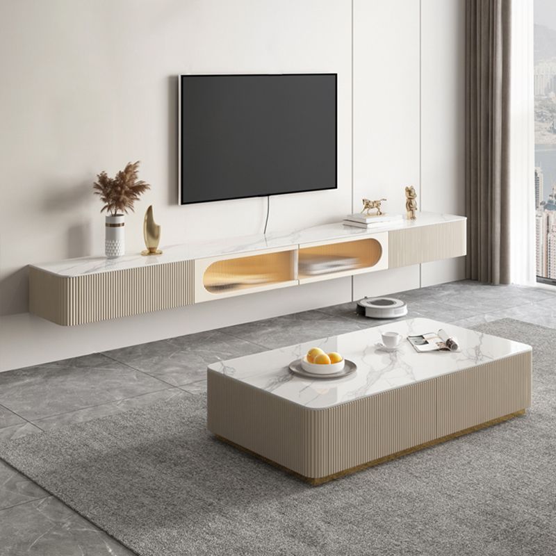 Contemporary Media Console Floating Stone Stand Console with Doors