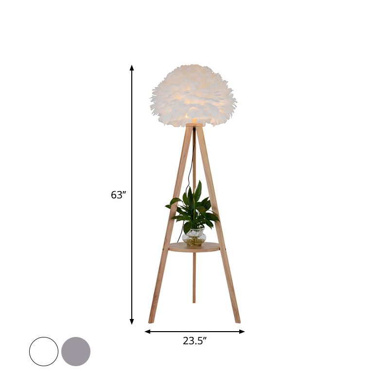 Wood Shelf Floor Lamp Nordic 1 Bulb Tripod Standing Floor Light with Dome Feather Shade in Grey/White