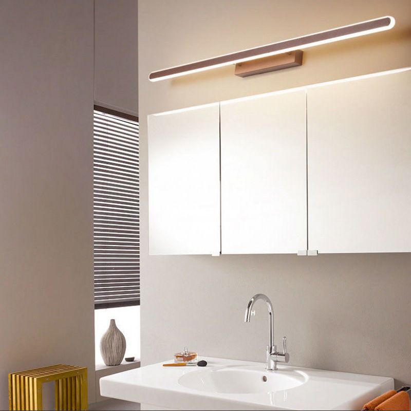 Modern Linear Wall Light Fixture Metal Single Light LED Mirror Light for Bathroom in Brown