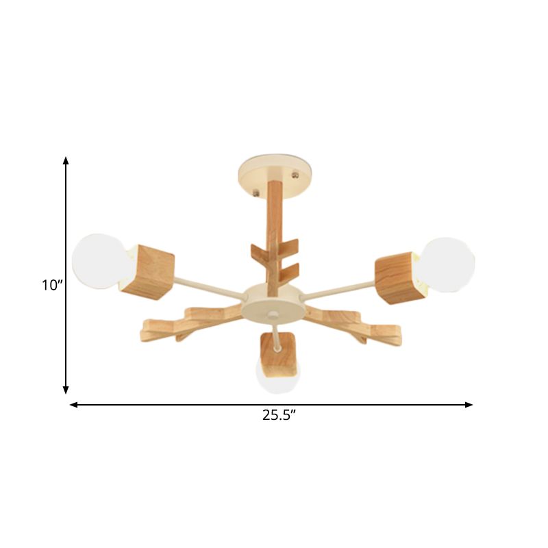 Nordic Starburst Semi Flush Light Wood 3/6 Heads Living Room Ceiling Mount Chandelier with Exposed Bulb Design