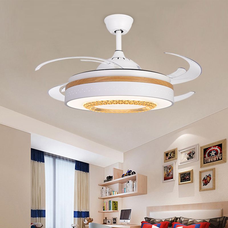 Nordic Drum Flush Lamp with Fan Amber Crystal White LED Living Room Semi Mount Lighting with Wood Element