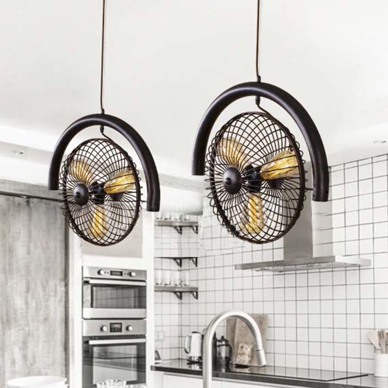 Brass/Black Finish Circle Cage Light Fixture Farmhouse Metal 3 Lights Kitchen Hanging Lamp with Fan Design