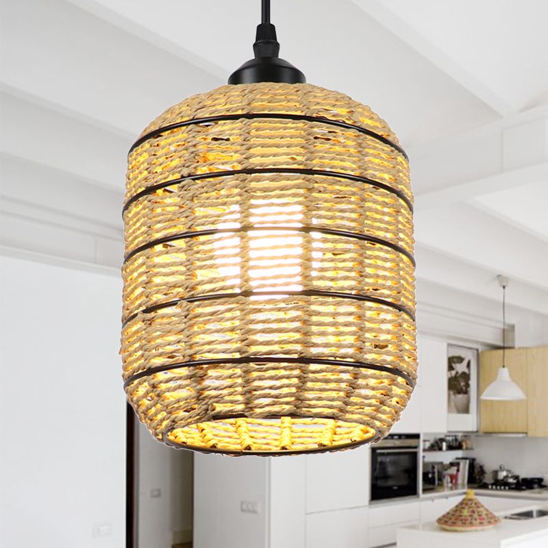 Lantern Suspension Pendant Asian Woven Rattan Single Light Beige Pendant Lamp for Bedroom