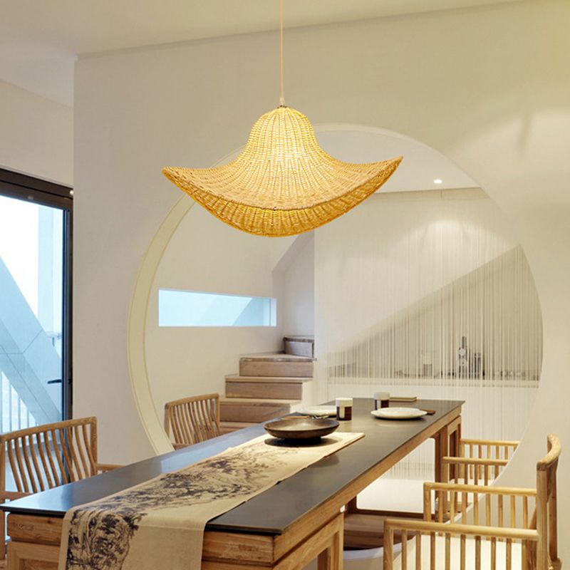 Beige Cap Shaped Hanging Light Modern 1 Light Bamboo Ceiling Pendant Lamp for Dining Room