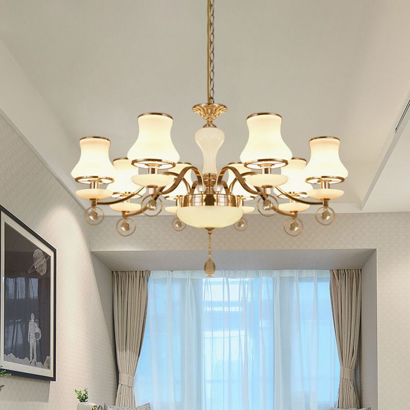 Champagne 8 Heads Chandelier Modernist White Glass Flared Crystal Ceiling Suspension Lamp