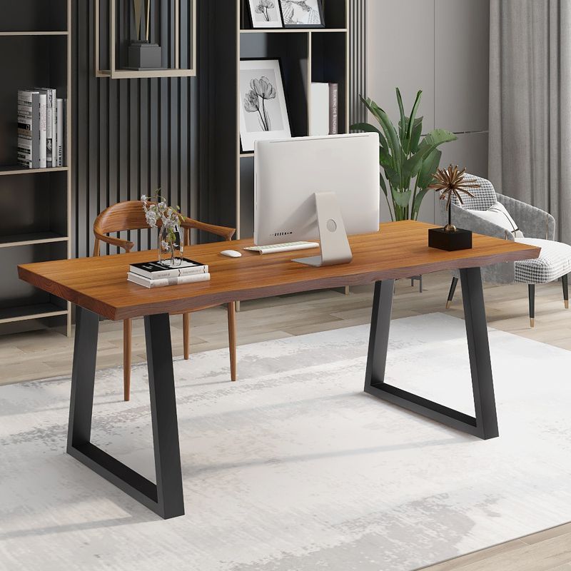 Rectangular Shaped Brown Office Desk with Black Legs for Office