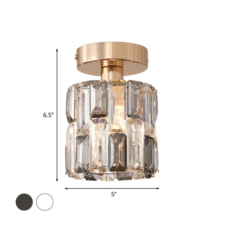 1 Bulb Cylinder Small Flush Light Postmodern Clear/Smoke Grey Crystal Semi Flush Mount Ceiling Light