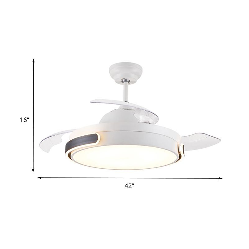 Tambour en acrylique 3 lames pendante ventilateur lumière moderne salon moderne LED semi-flush lampe monte en blanc avec télécommande, 36 "/ 42" de large