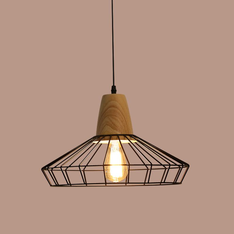 Iron Caged Pendant Lamp Industrial-Style 1 Bulb Restaurant Suspension Lighting in Black