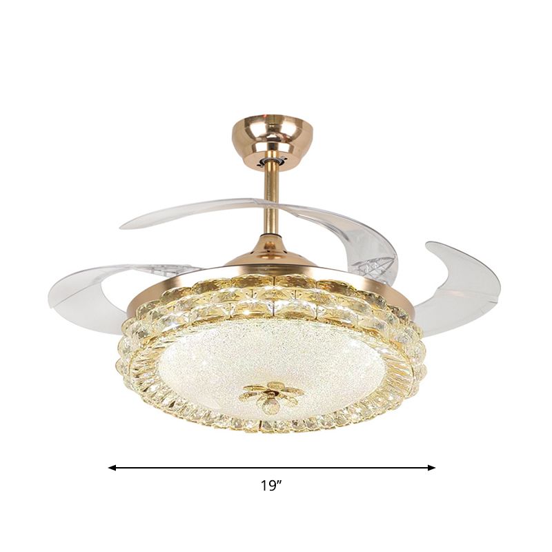 19" W Minimalist LED Ceiling Fan Lamp Gold Circular Semi Flush Light with Cut Crystal Shade, 4 Blades