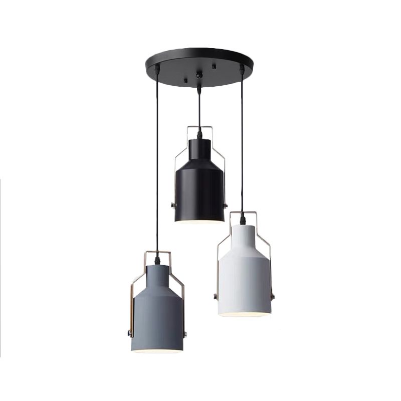 Cylinder/Bottle/Bell Hanging Lamp Kit Nordic Metal 3-Head Dining Room Suspension Pendant in Black