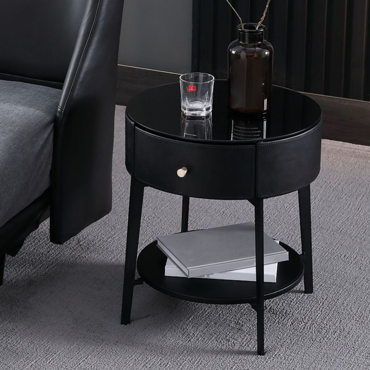 Leather and Metal Bed Nightstand Modern Minimalist Open Bedside Table with Legs