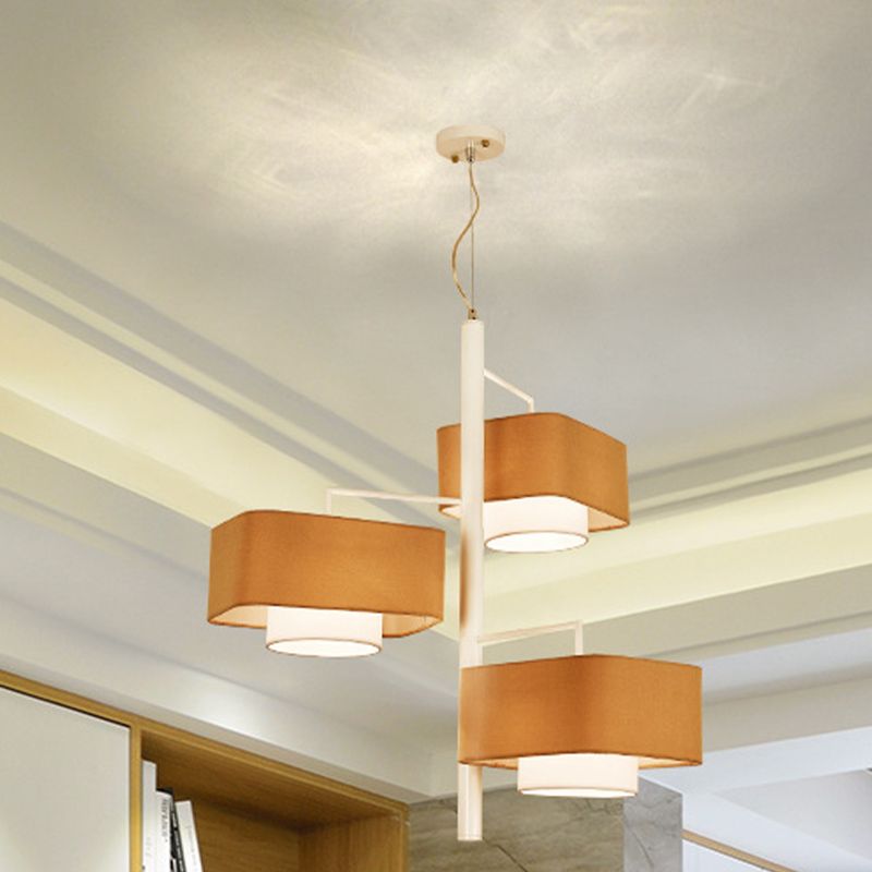 3-Tier Dual Shade Chandelier Lamp Contemporary Fabric 3-Light Brown Hanging Light Fixture for Dining Room