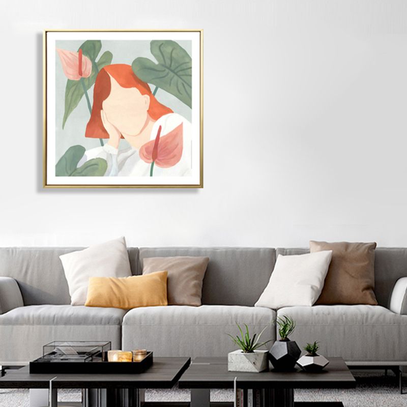 Girl and Plant Drawing Canvas Nordic Stylish Fashion Wall Art Print in Pastel Color