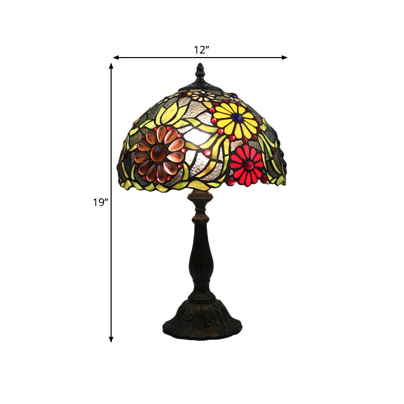 1-Bulb Bowl Table Lamp Mediterranean Green Finish Hand Cut Glass Night Lighting with Flower Pattern