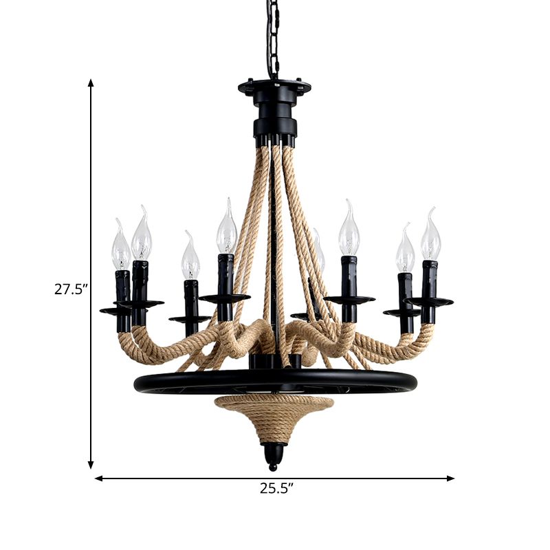 Cougie de corde suspendue Chandelier Farmhouse 8 Bulbes Restaurant Pendant Light en noir avec conception de roues