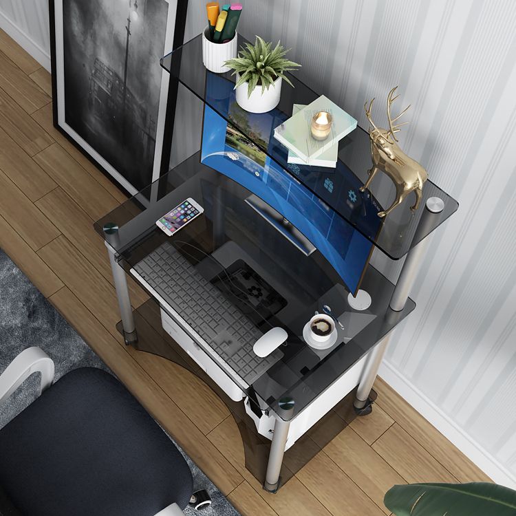 Toughened Glass Rectangular Computer Desk with Caster Wheels and Keyboard Tray