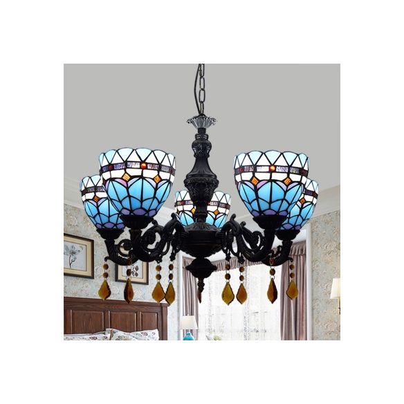 Domed Chandelier Light Retro Style Stained Glass 5 Lights Tulip Hanging Light with Crystal in Blue