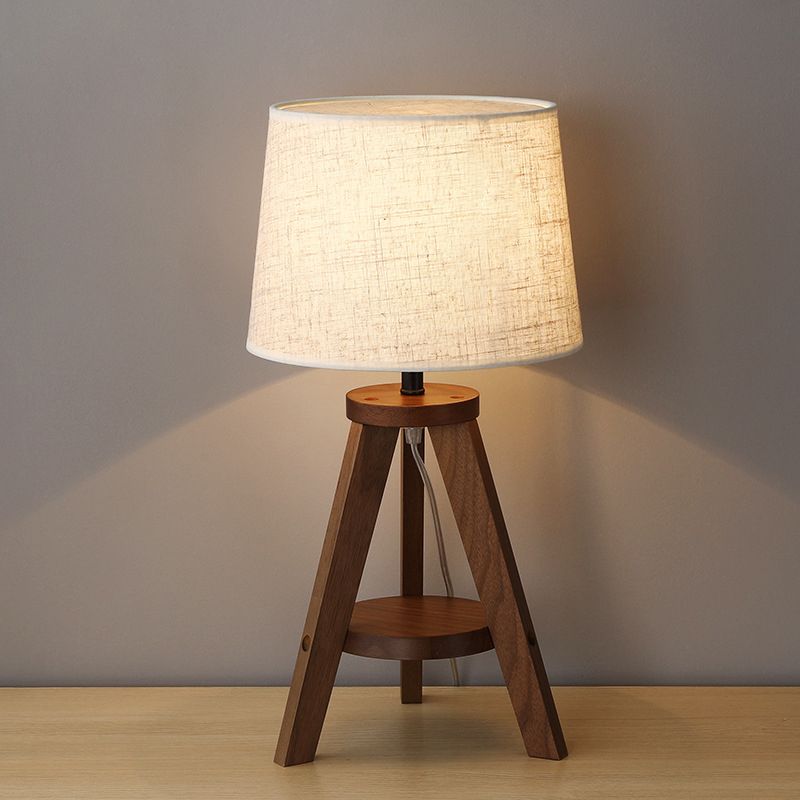 Simple Drum Table Lamp Fabric Single-Bulb Bedroom Night Table Light with Wooden Tripod