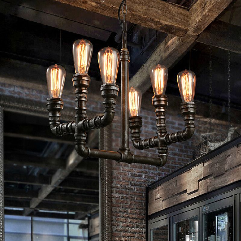 Metal Rust Chandelier Pendant Light Open Bulb 6 Heads Vintage Industrial Hanging Lamp with Pipe