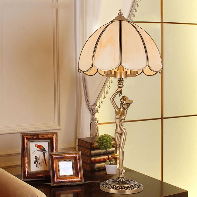 Scalloped Bedroom Night Lamp Colonialism Beige Glass 2-Head Gold Table Lighting with Naked Woman Base