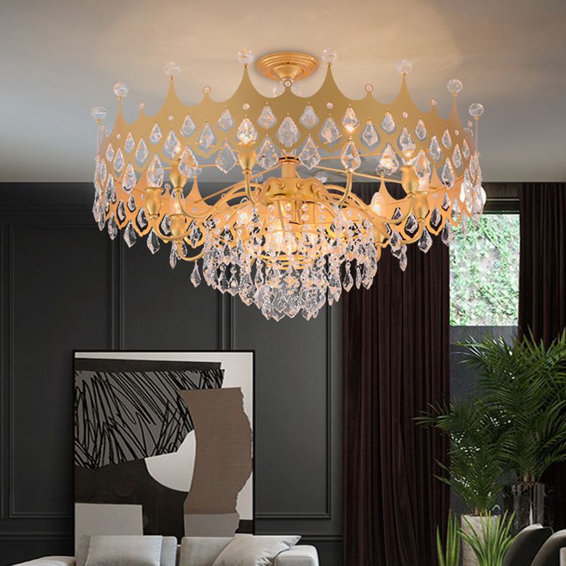 Postmodern Crown Shaped Chandelier Pendant Crystal Dining Room Hanging Light in Gold