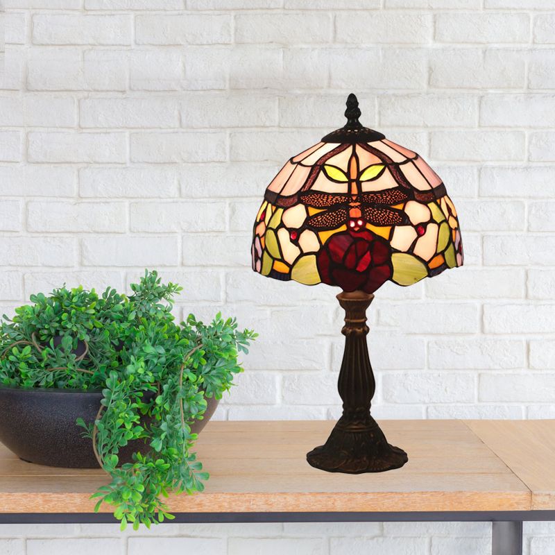 Stained Glass Red/Orange Table Light Dome Shade 1-Light Victorian Dragonfly and Floral Patterned Desk Lamp