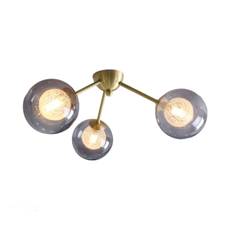 Modern Global Semi Flush Mount Clear/Amber/Smoke Glass 3/6 Lights Led Bedroom Semi Flush Mount Light Fixture in Gold