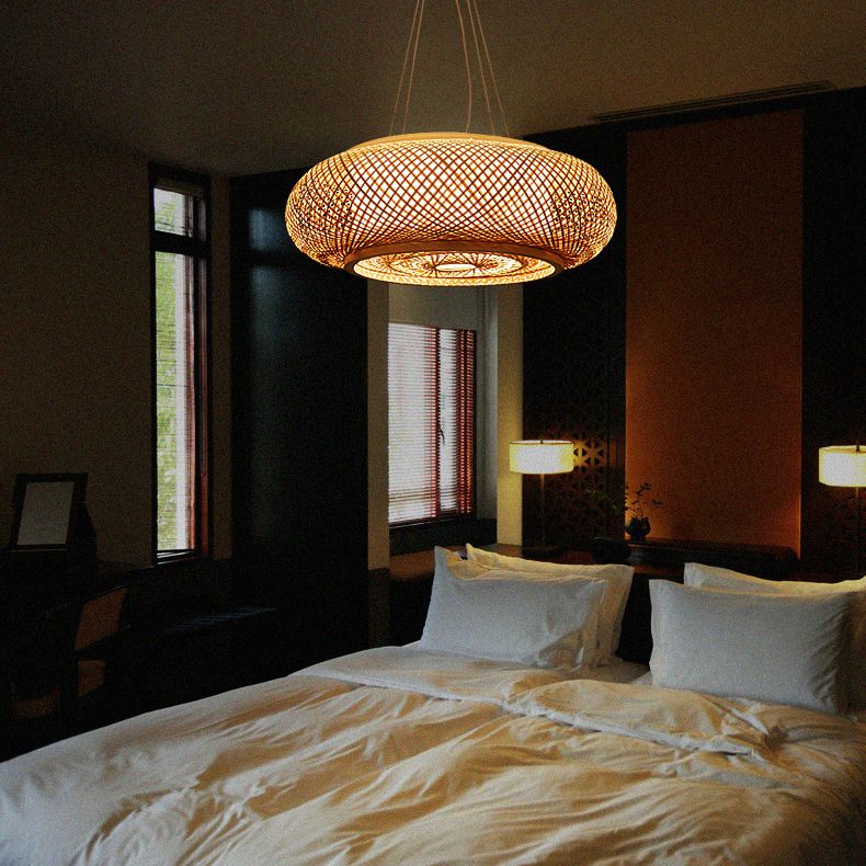 Bamboo Weaving Round Hanging Lamp Chinese Wooden Suspension Lighting Fixture for Bedroom