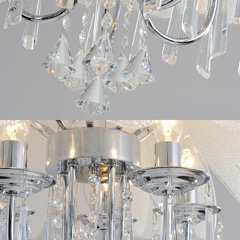 Modern Flower Chandelier Light Textured Glass Shade 5 Lights Chrome Ceiling Lamp with Crystal Drop