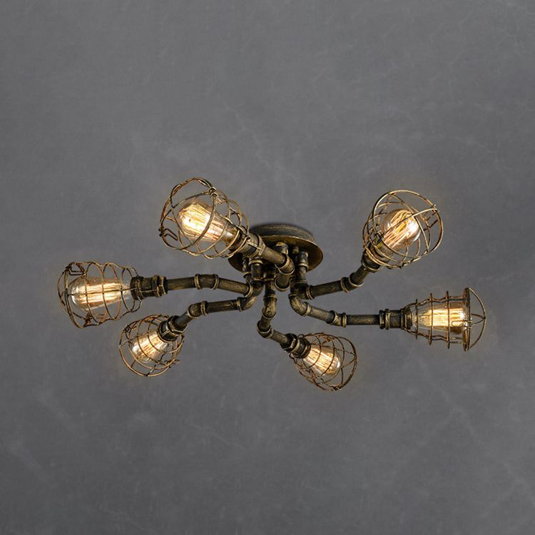 Industrial Retro Cage shape Ceiling Lamp Water Pipe Iron Flush Mount for Bar