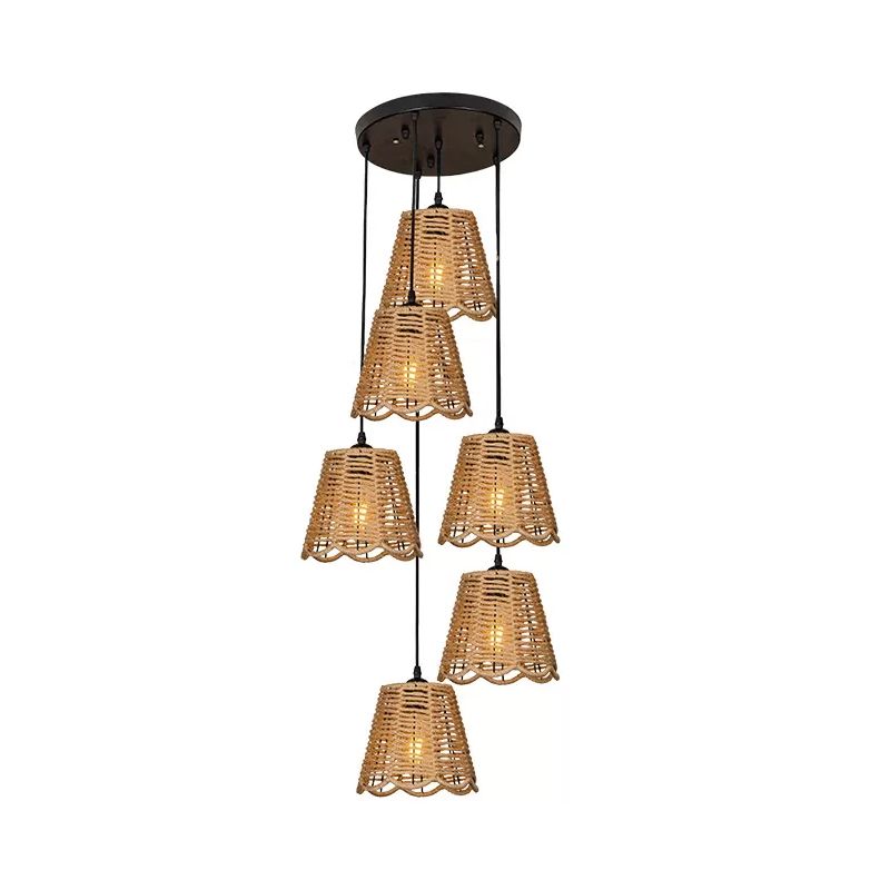 Rope Brown Pendant Lighting Scalloped-Trimmed Tapered 3/6-Head Rustic Multi Light Ceiling Light with Round/Linear Canopy