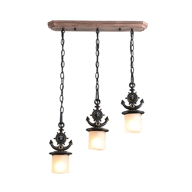 Black Cylinder Cluster Pendant Light Kids 3 Bulbs White Glass Hanging Lamp Kit with Anchor Top