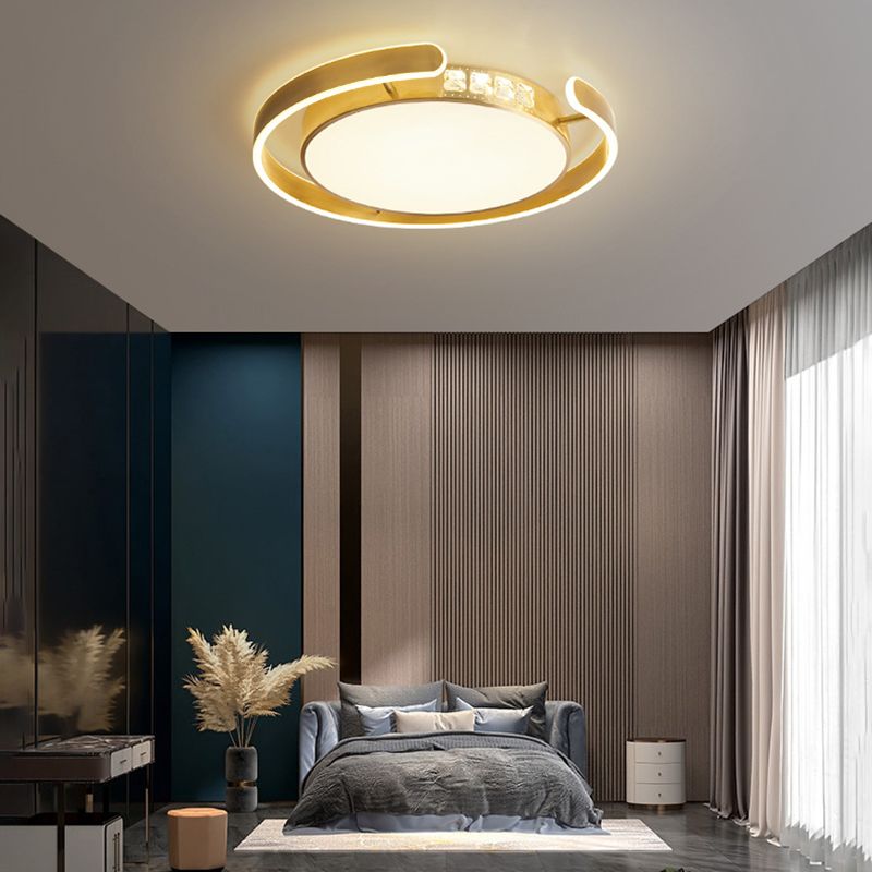 Contemporary Ceiling Lighting Gold Flush Mount Fixture with Crystal for Bedroom