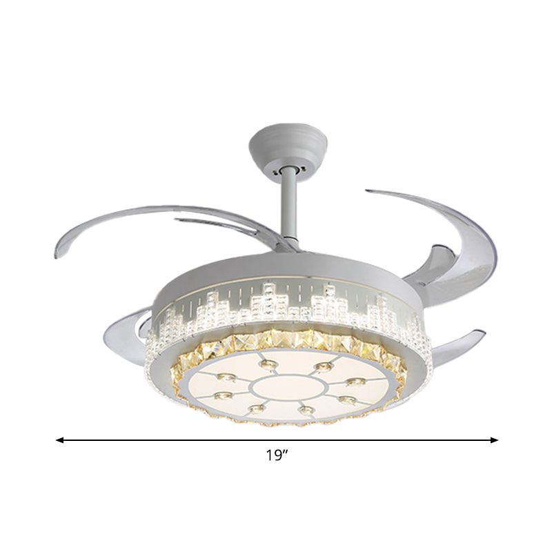 Nordic Round 4-Blade Semi Flush Light Fixture Crystal Living Room LED Hanging Fan Lamp in White, 19" Wide