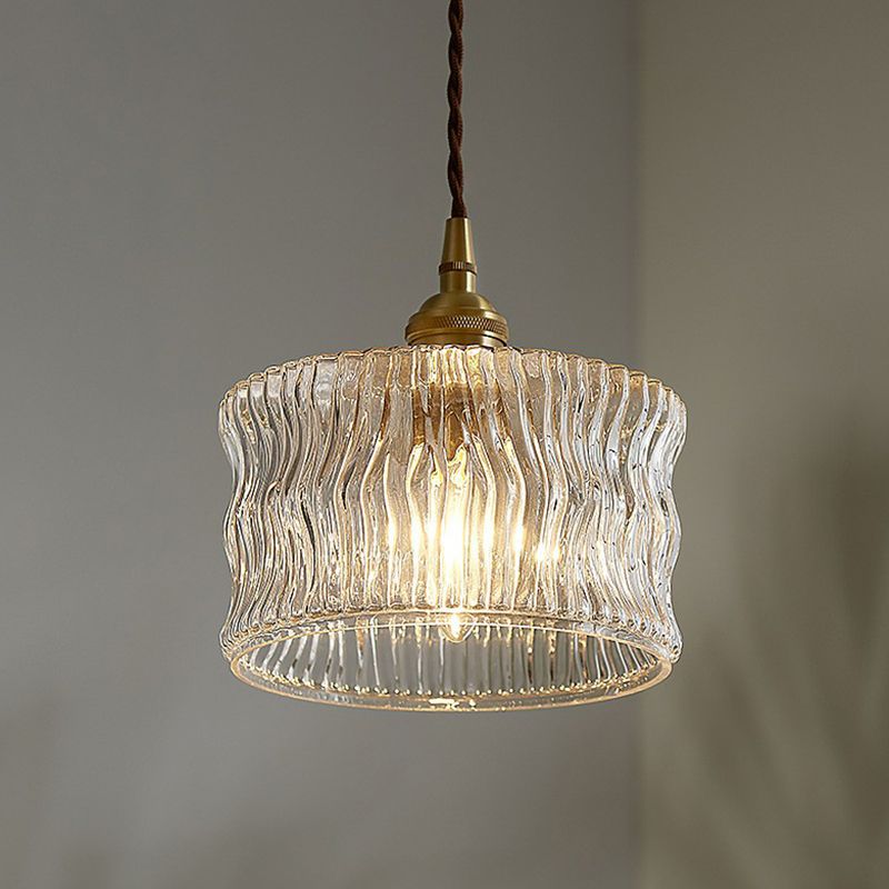 Antique Style Drum Pendant Light 1-Light Clear Ribbed Glass Hanging Light Fixture