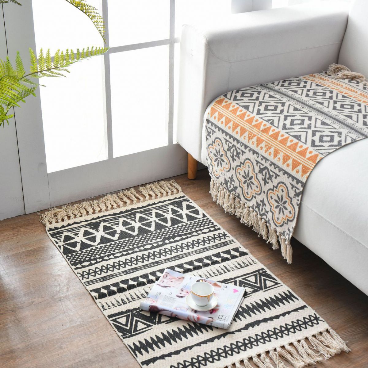 Bohemian Cotton Blend Area Carpet Retro Indoor Rug Living Room Carpet with Fringe