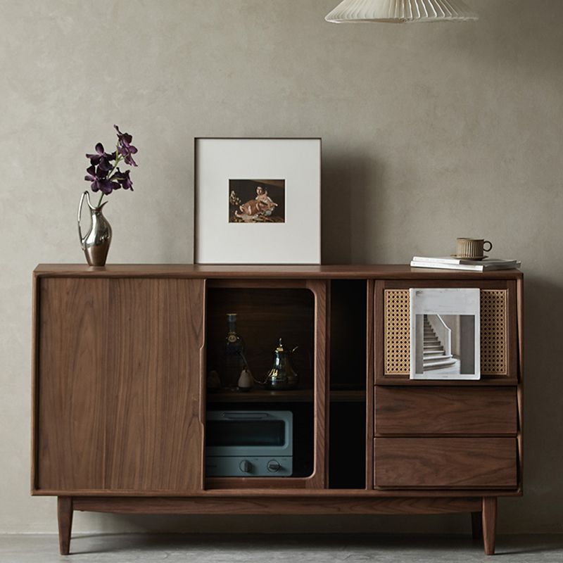 Contemporary Solid Wood Buffet Table Brown Sideboard with 2 Drawers