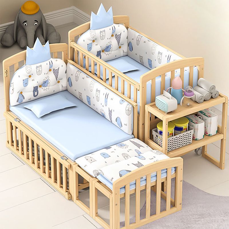 Solid Wood Convertible Crib in Natural Wooden Crib with Wheels and Storage