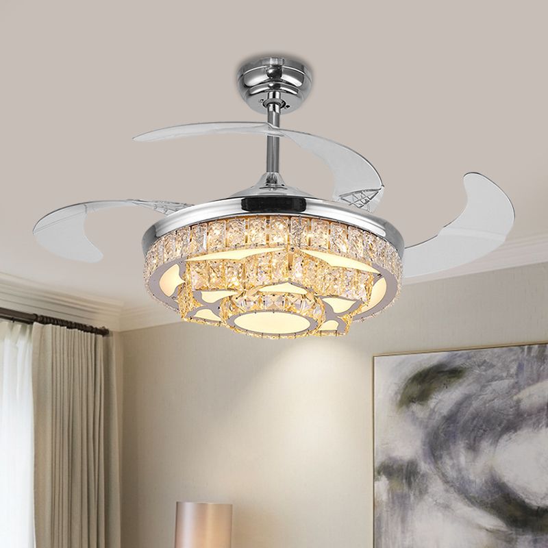 Simple Lotus Hanging Fan Lamp Crystal Block 19" Wide LED Bedroom Semi Flush Light in Gold/Chrome with 4 Blades