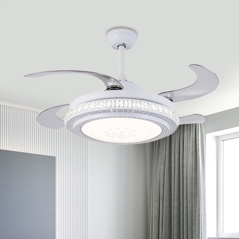 42" W Circular Metal Hanging Fan Lamp Contemporary LED Bedroom Semi Flush Mount Light in White with 4 Blades, Remote Control/Frequency Conversion and Remote Control